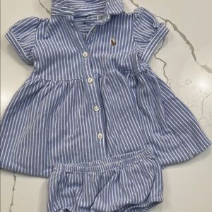 Ralph Lauren Baby Blue and White Striped Dress Set